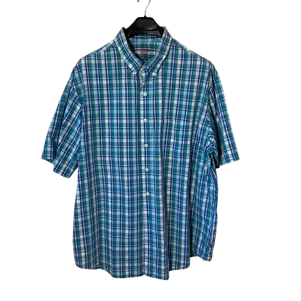 IZOD Mens 2XLT Teal Blue Plaid Lightweight Poplin Short Sleeve Button Down Shirt
